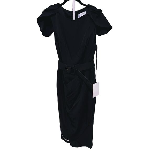 NWT Mac Duggal Black Crepe Belted Tulip Sleeve Midi Dress 8 Quiet Luxury Career - Picture 5 of 13